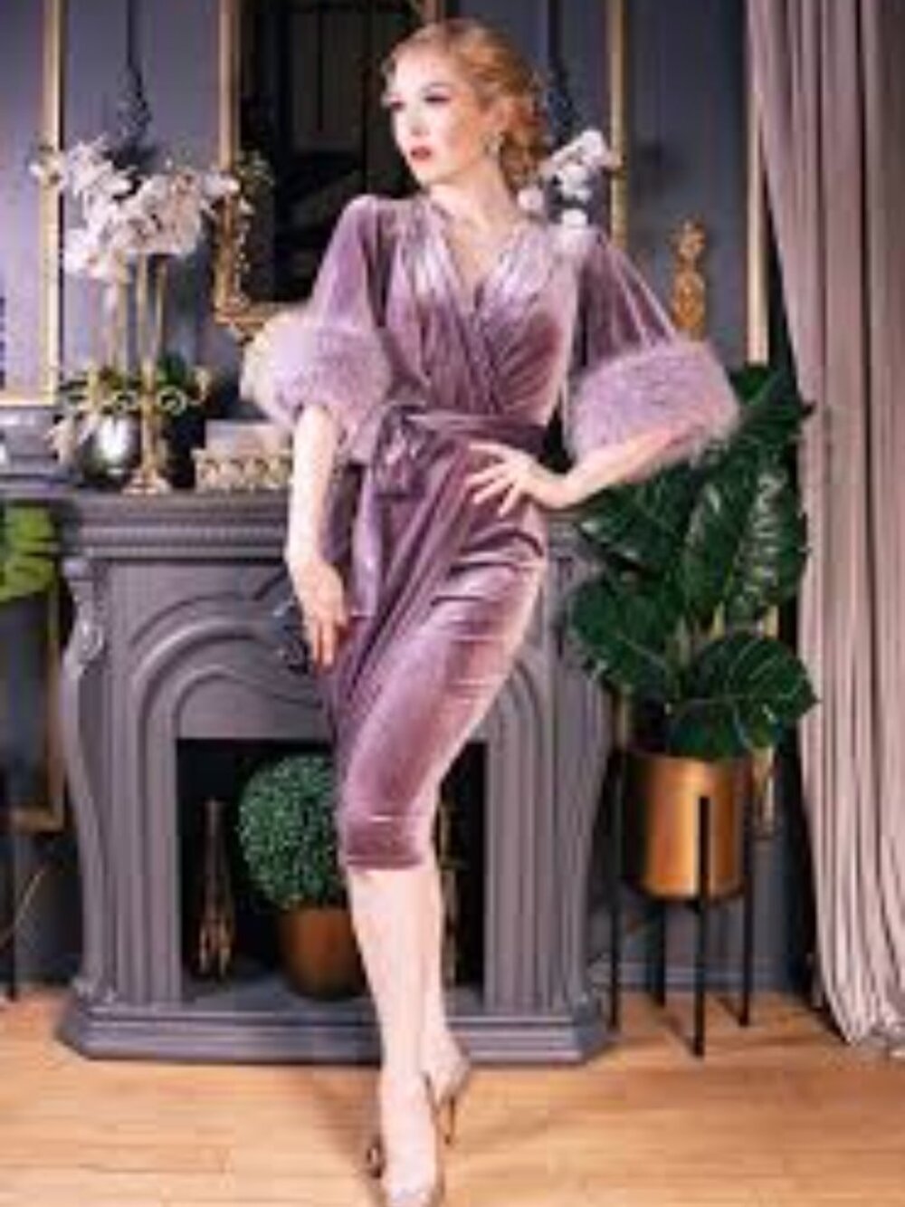 Lavender Fur Velvet Dress, L